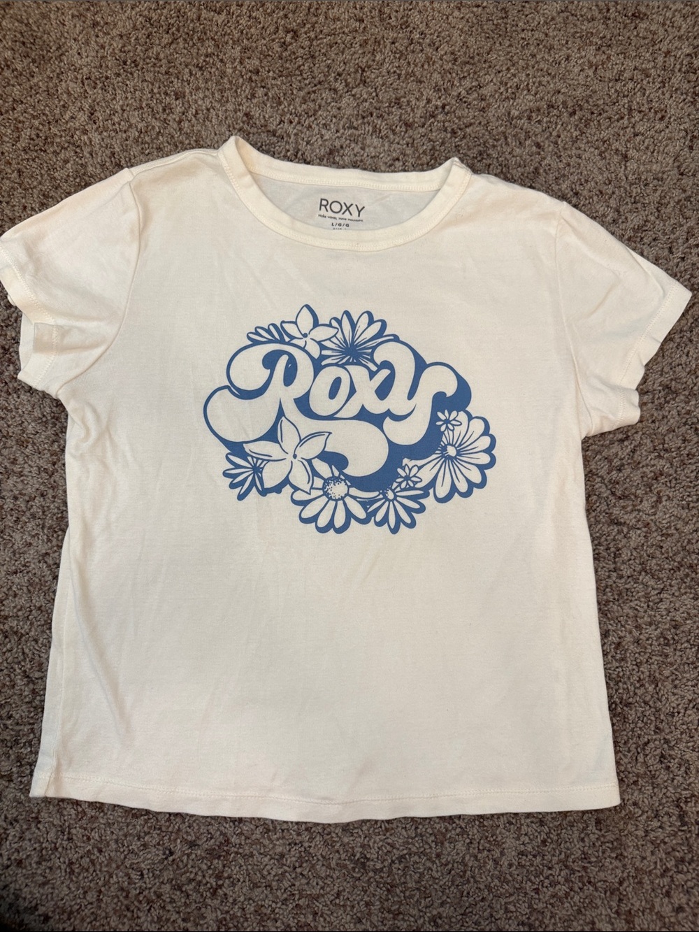 Roxy Cream Short Sleeve Tee with Blue Floral Logo